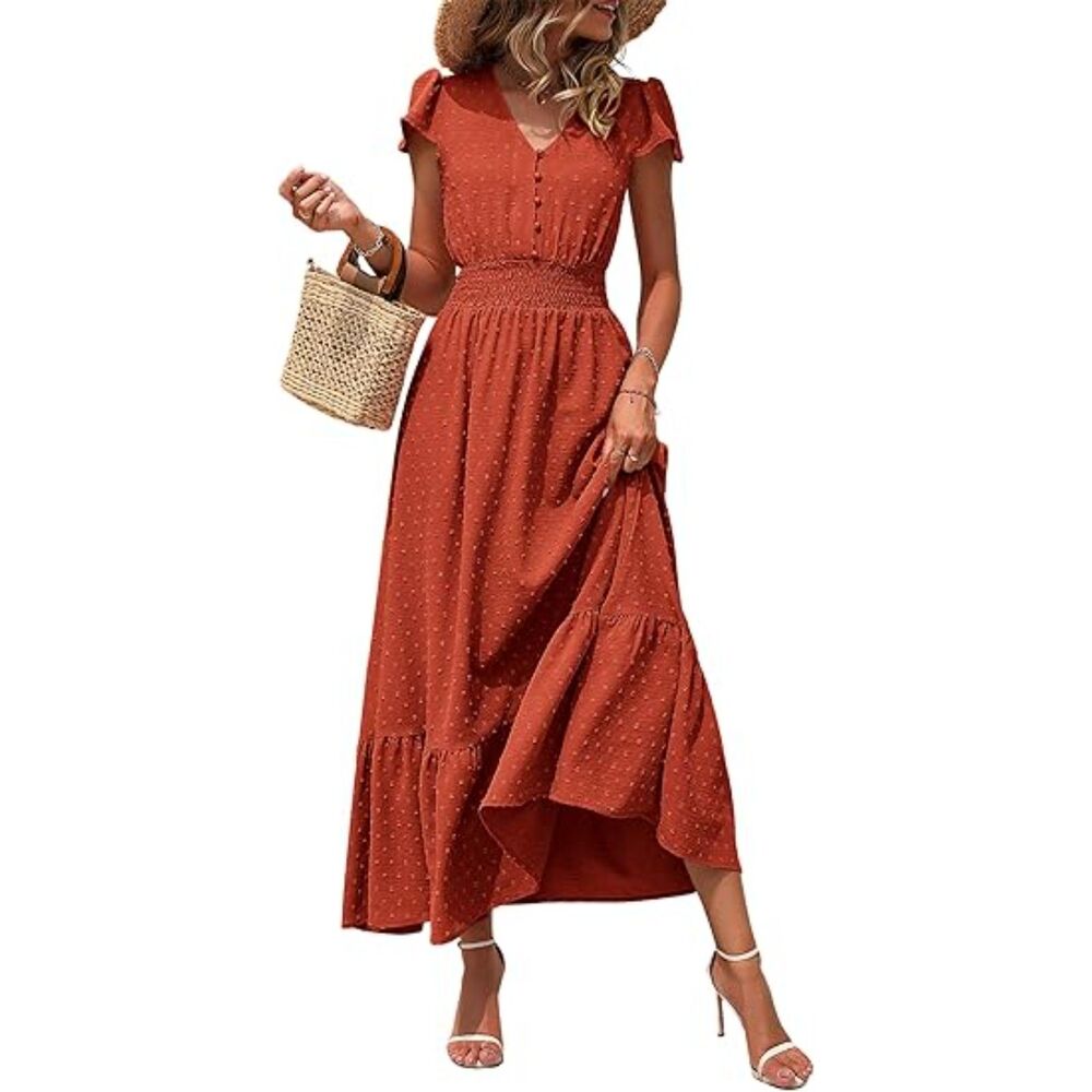 Women's Orange Polyester Blend  V Neck Short Sleeve A Line Casual Maxi Dress